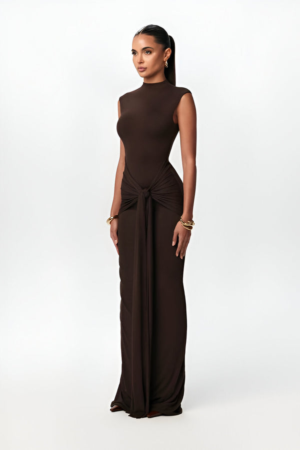 Chic model showcasing a stylish brown outfit from the trendy long dresses women collection