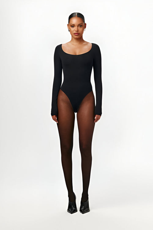 Chic black long-sleeve bodysuit featuring stylish bodysuits for women in a trendy design
