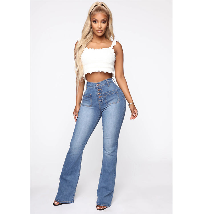 Women Jeans Clinch Patch Pocket Washed Trousers Jeans - ALZO