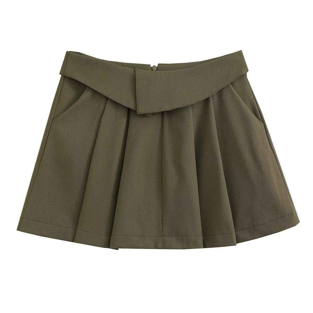 Four Color Turned Waist Wide Pleated Skirt Preppy Skirt