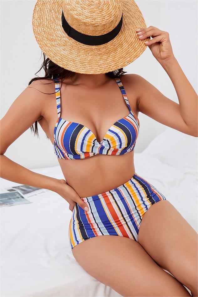 Women Bikini Multicolor Plaid Push Up Split Swimsuit Beach Vacation Swimsuit