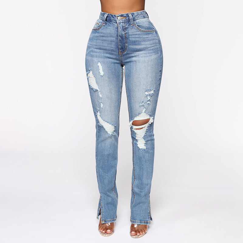 Split Jeans Women Arrival Blue Washed Ripped High Waist Stretch Jeans - ALZO