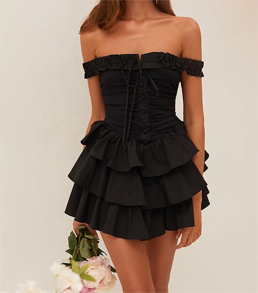 Women Stitching Wooden Ear Strapless Black Slimming Camisole Layer Dress Crisscross - ALZO