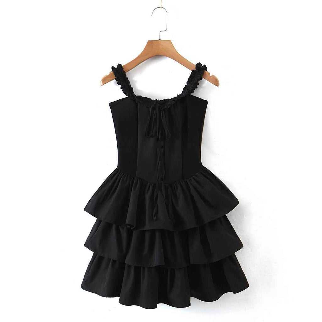 Women Stitching Wooden Ear Strapless Black Slimming Camisole Layer Dress Crisscross