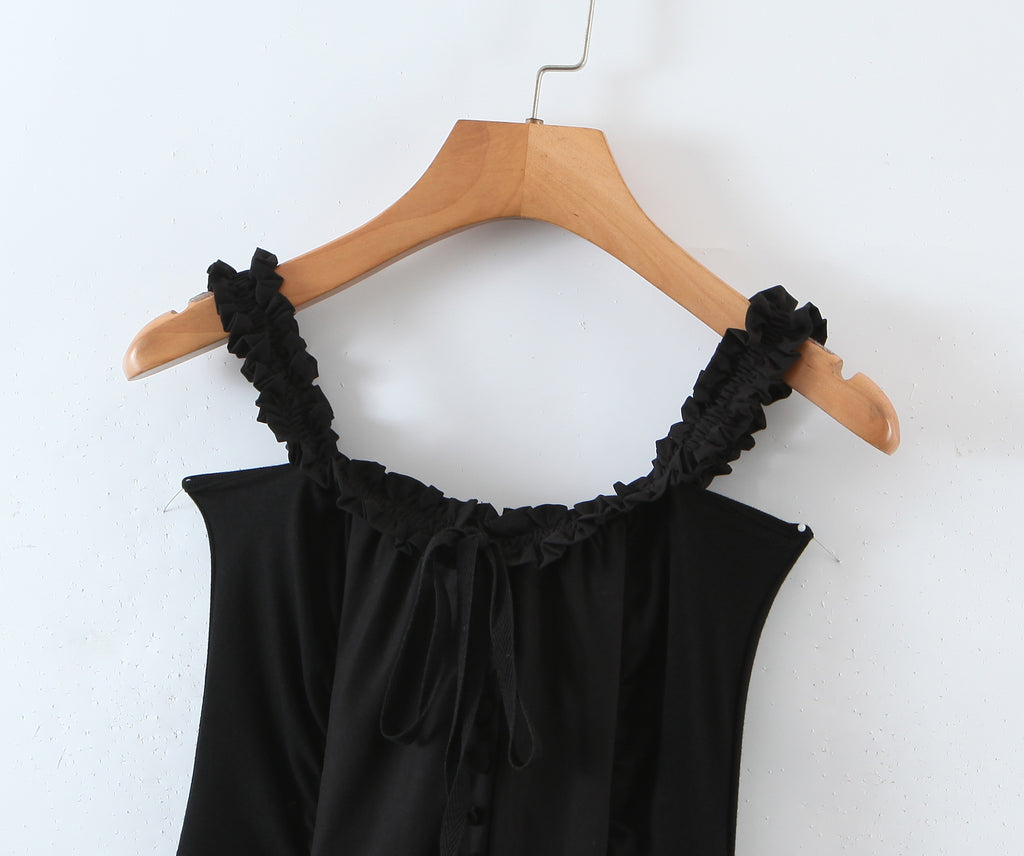 Women Stitching Wooden Ear Strapless Black Slimming Camisole Layer Dress Crisscross - ALZO
