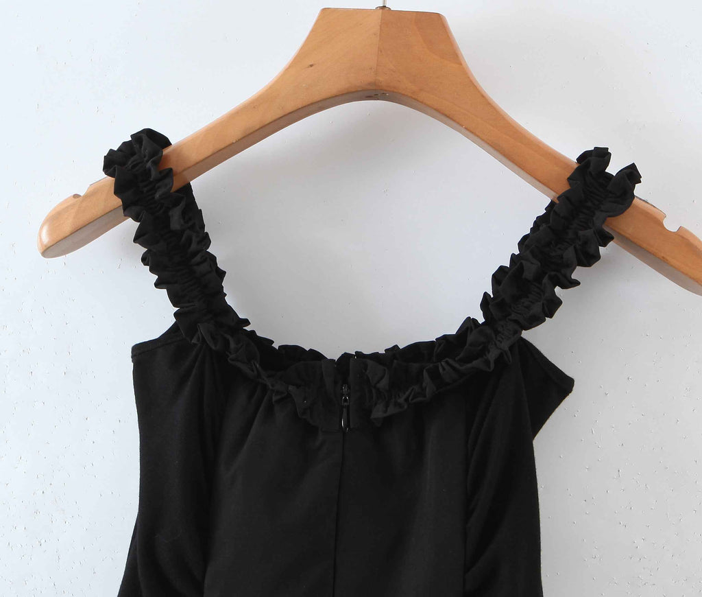 Women Stitching Wooden Ear Strapless Black Slimming Camisole Layer Dress Crisscross