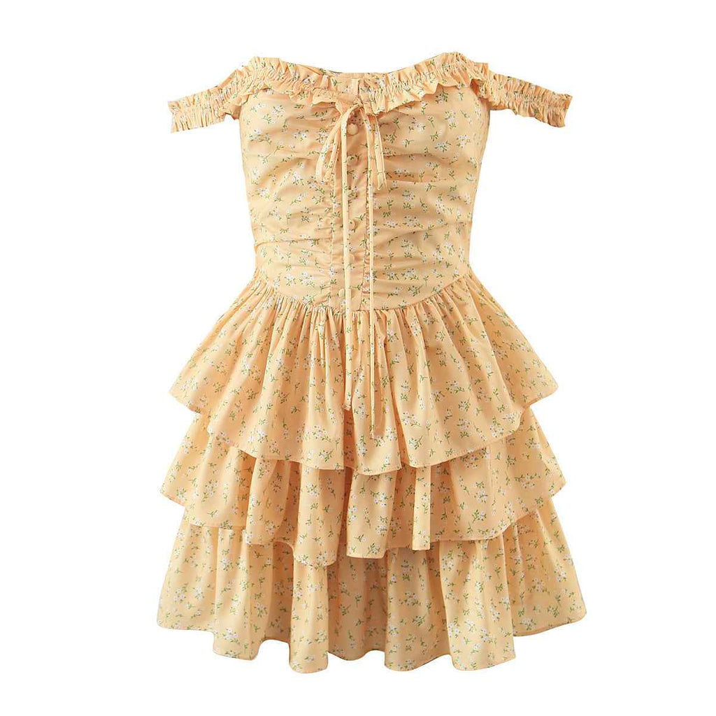 Summer Women Clothing off Neck Ruffled Dress Vacation Fresh Printed Short