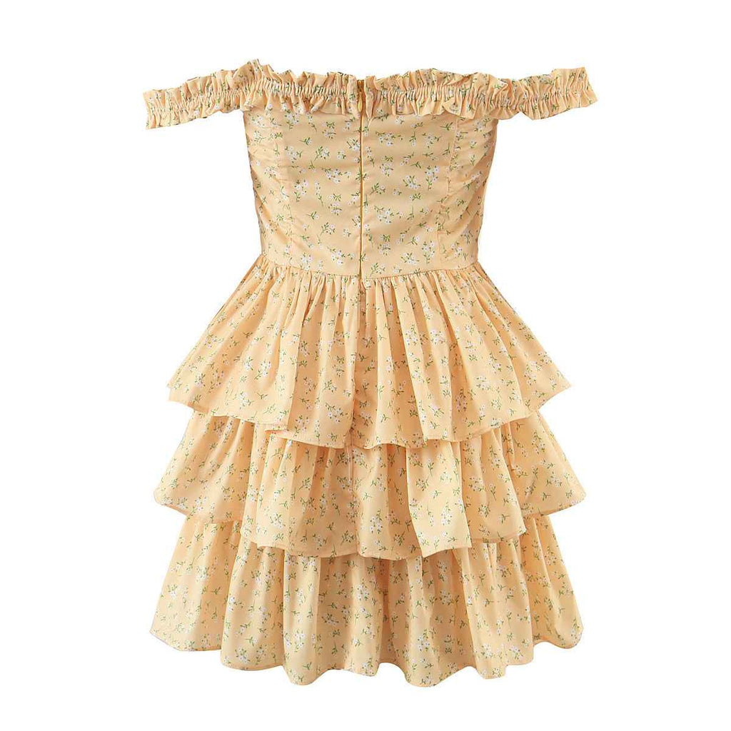 Summer Women Clothing off Neck Ruffled Dress Vacation Fresh Printed Short