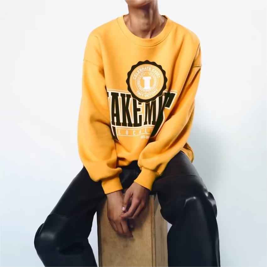 Spring Women Clothing Round Collar in Yellow Printed Loose Letter Graphic Sweatshirt Women