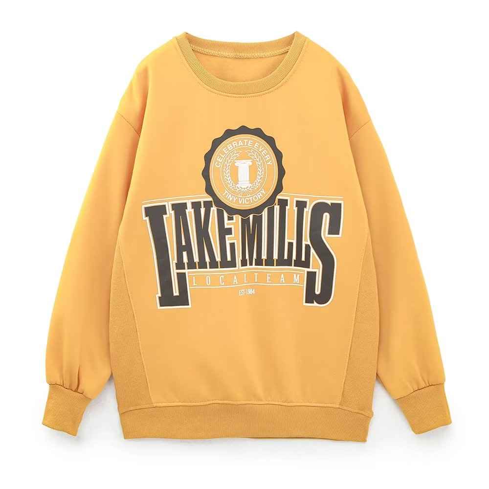 Spring Women Clothing Round Collar in Yellow Printed Loose Letter Graphic Sweatshirt Women