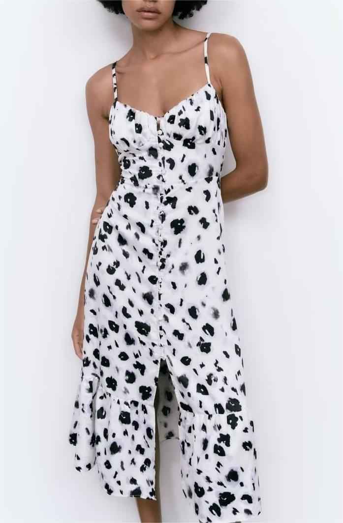 Fall Women Clothing French V neck Breasted Animal Print Midi Dress Cami Dress
