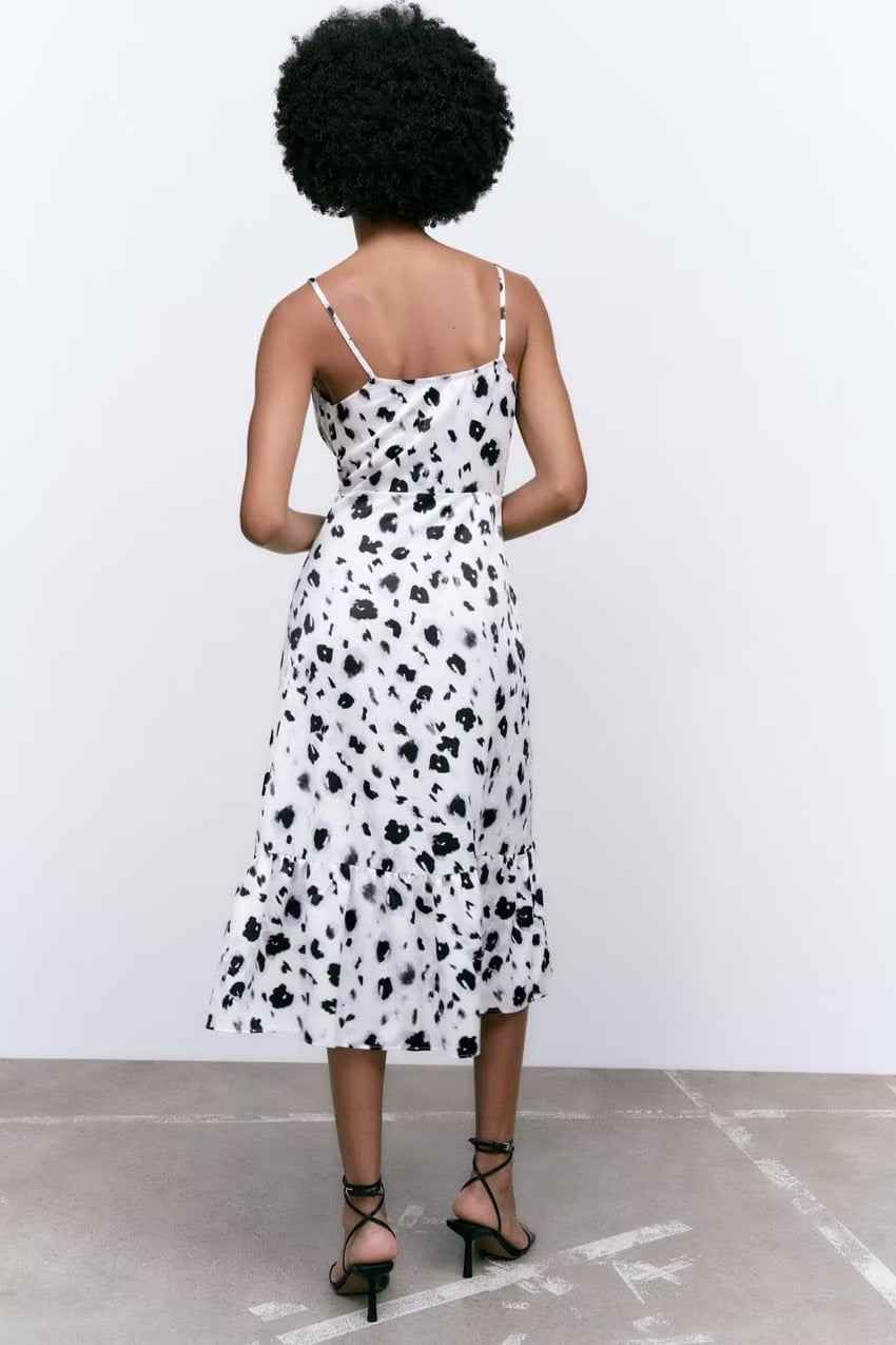 Fall Women Clothing French V neck Breasted Animal Print Midi Dress Cami Dress