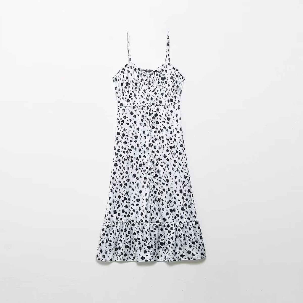 Fall Women Clothing French V neck Breasted Animal Print Midi Dress Cami Dress