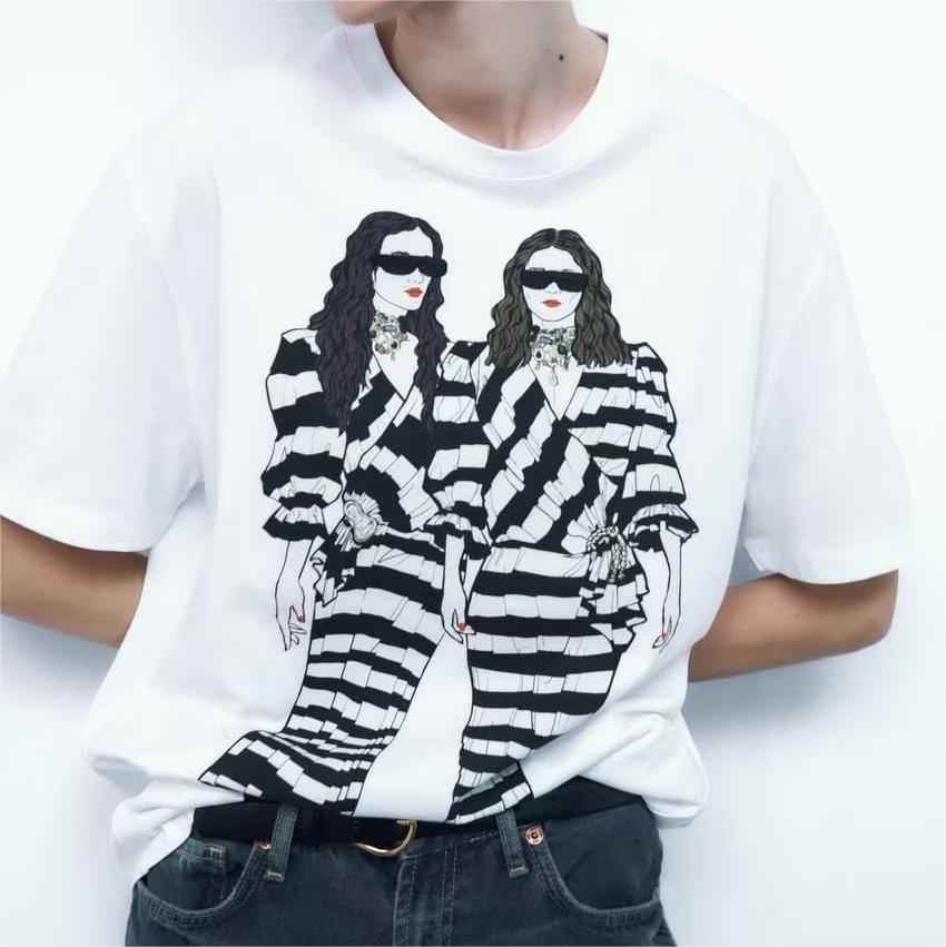 Spring Summer Loose Round Neck White Girl Printed T Shirt Short Sleeve