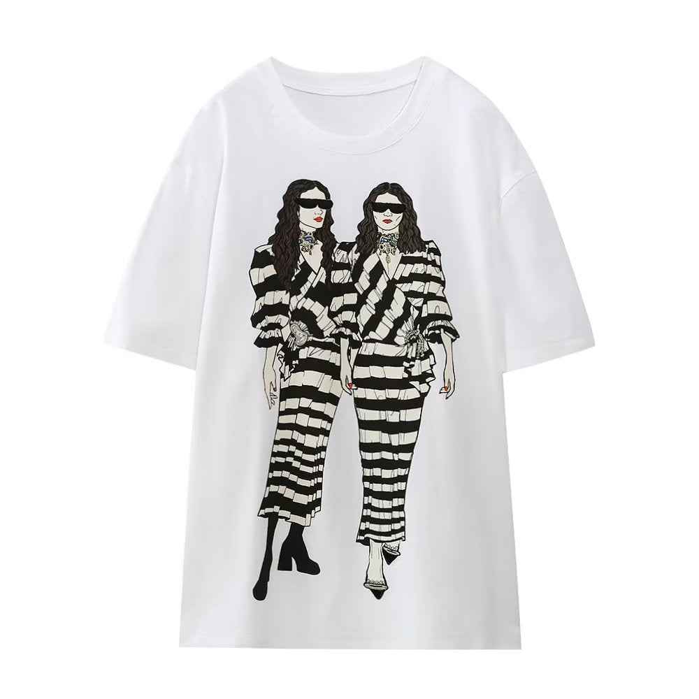 Spring Summer Loose Round Neck White Girl Printed T Shirt Short Sleeve