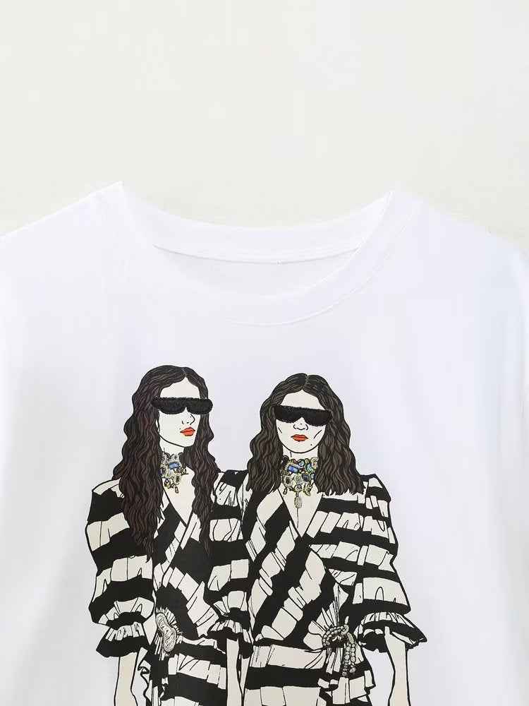 Spring Summer Loose Round Neck White Girl Printed T Shirt Short Sleeve