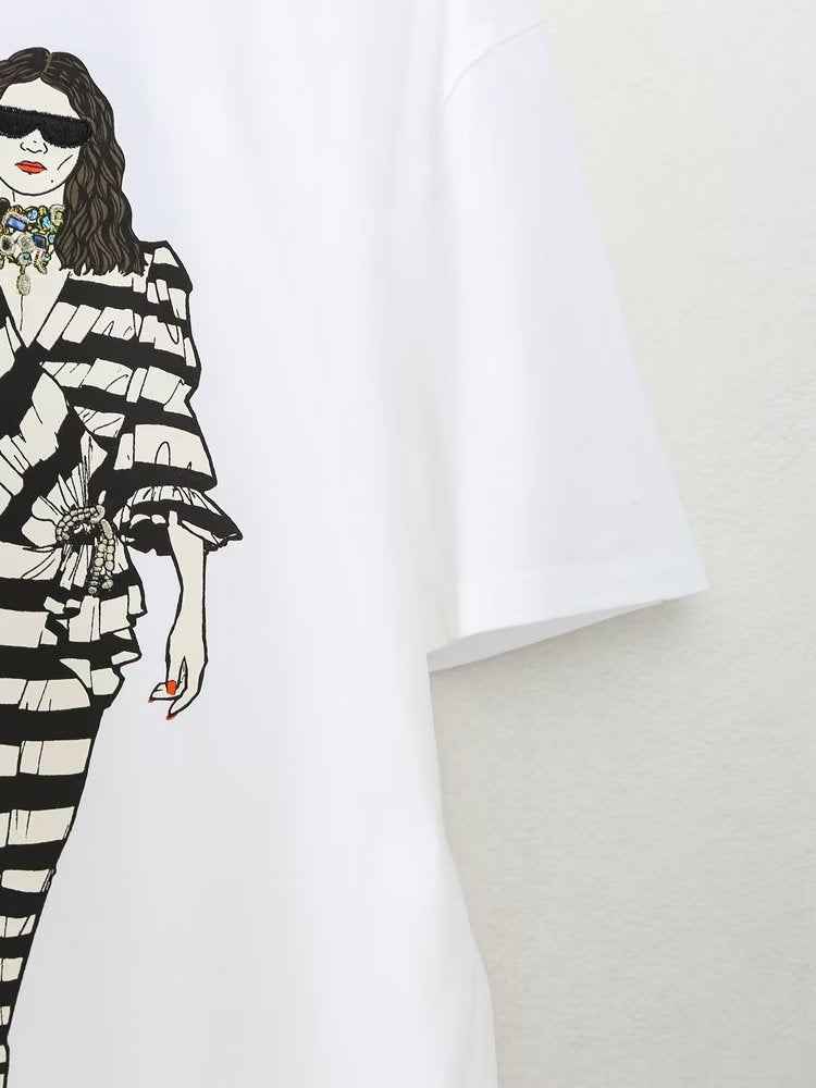 Spring Summer Loose Round Neck White Girl Printed T Shirt Short Sleeve