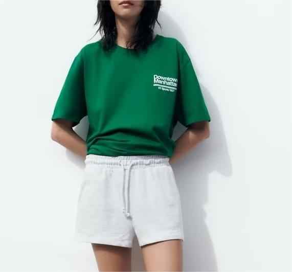 Green Printed T shirt Loose Casual round Neck Short Sleeves Women Summer