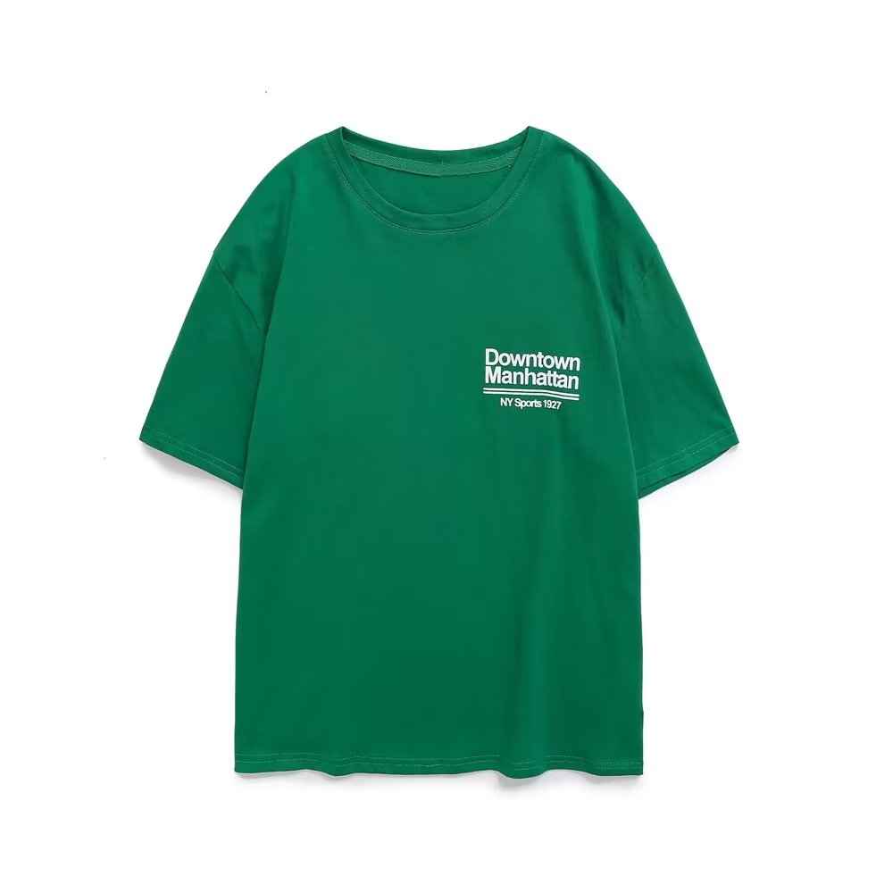 Green Printed T shirt Loose Casual round Neck Short Sleeves Women Summer