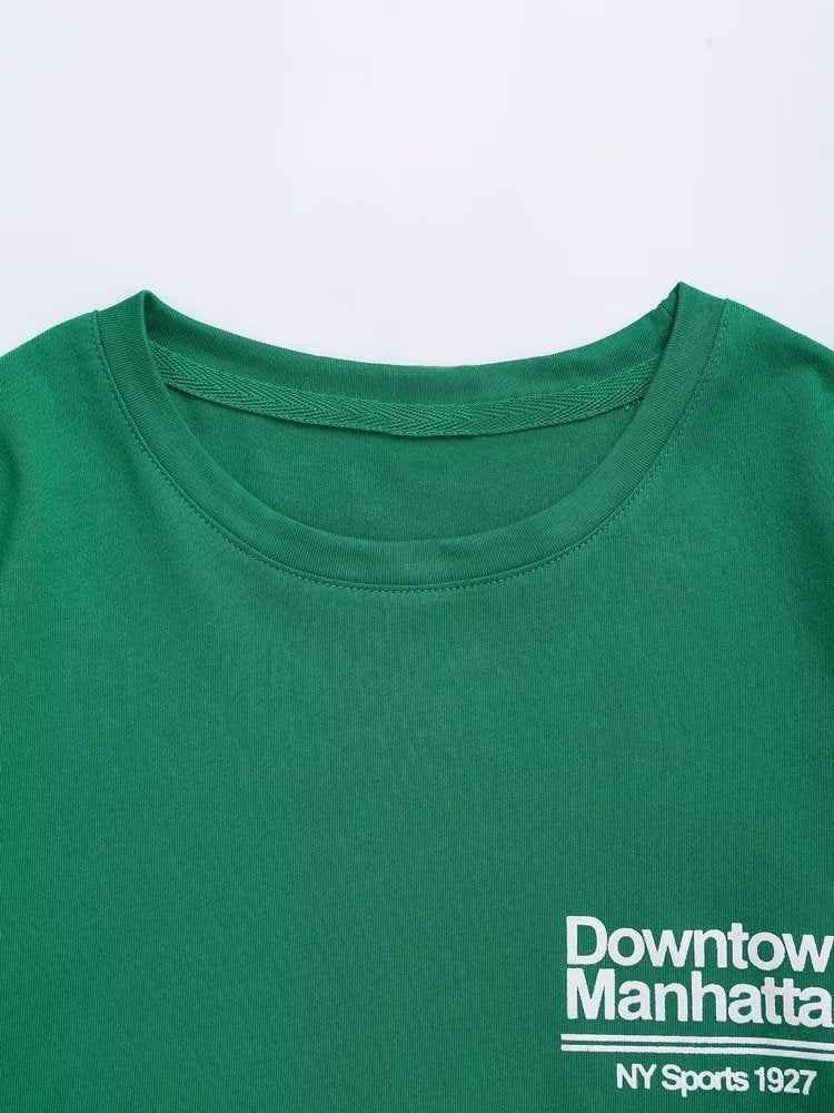 Green Printed T shirt Loose Casual round Neck Short Sleeves Women Summer