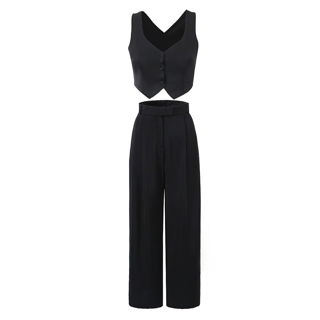 Fall Women Clothing Sexy Sexy Bandeau Camisole High Waist Straight Loose Wide Leg Pants Suit - ALZO