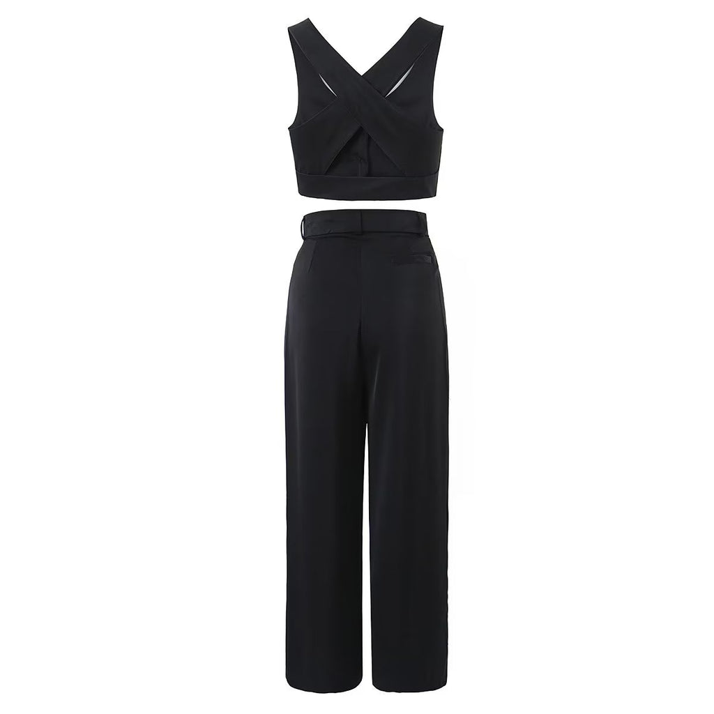 Fall Women Clothing Sexy Sexy Bandeau Camisole High Waist Straight Loose Wide Leg Pants Suit - ALZO