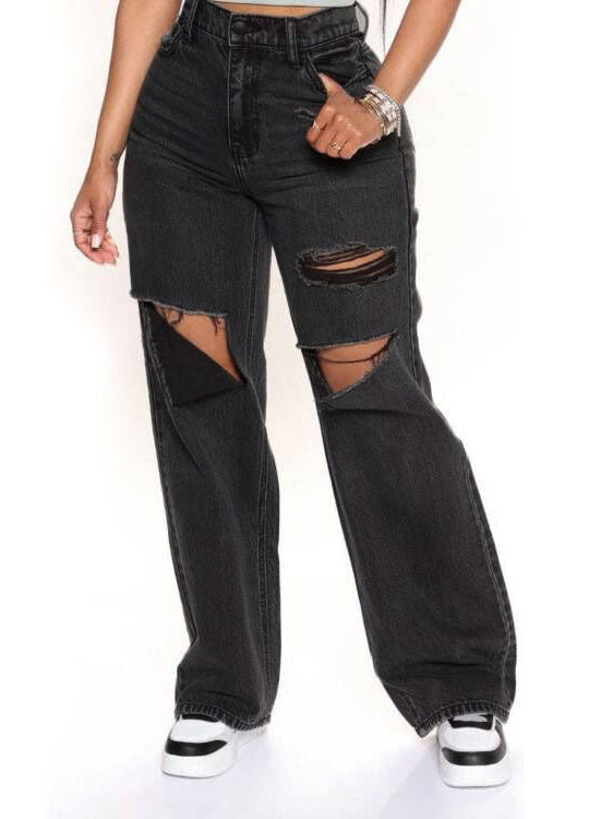 Black Gray Women High Waist Ripped Jeans Baggy Straight Trousers - ALZO