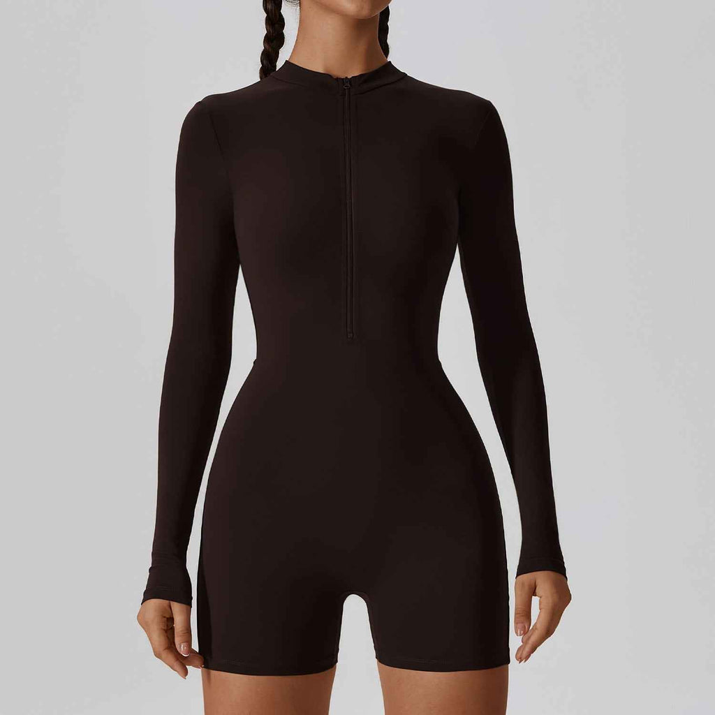 Open Collar Long-Sleeve Zipper One-Piece Dance Fitness Sports Jumpsuit Sexy Tight Yoga Clothes Women