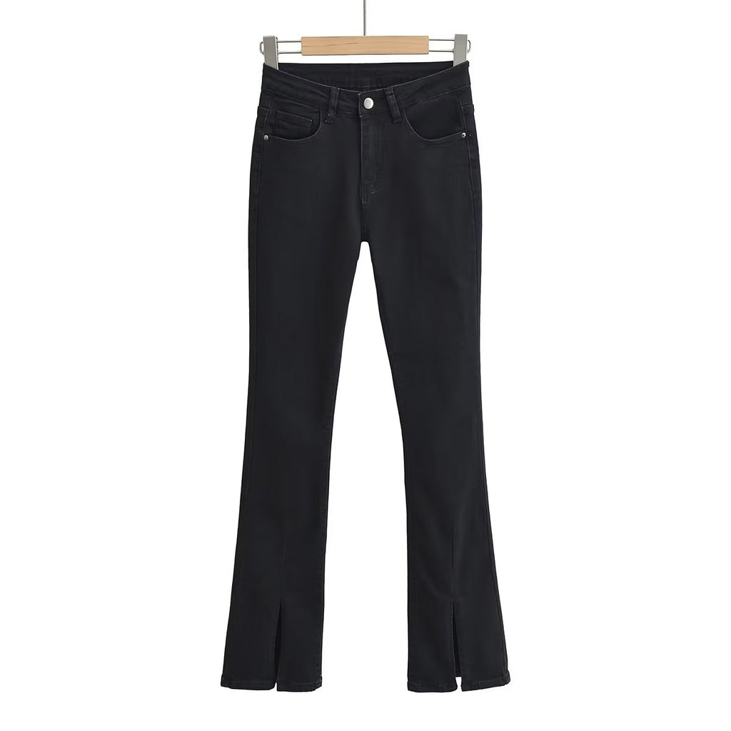 Spring Elegant Black Slit Pants Retro High Waist Slimming Skinny Jeans Women - ALZO