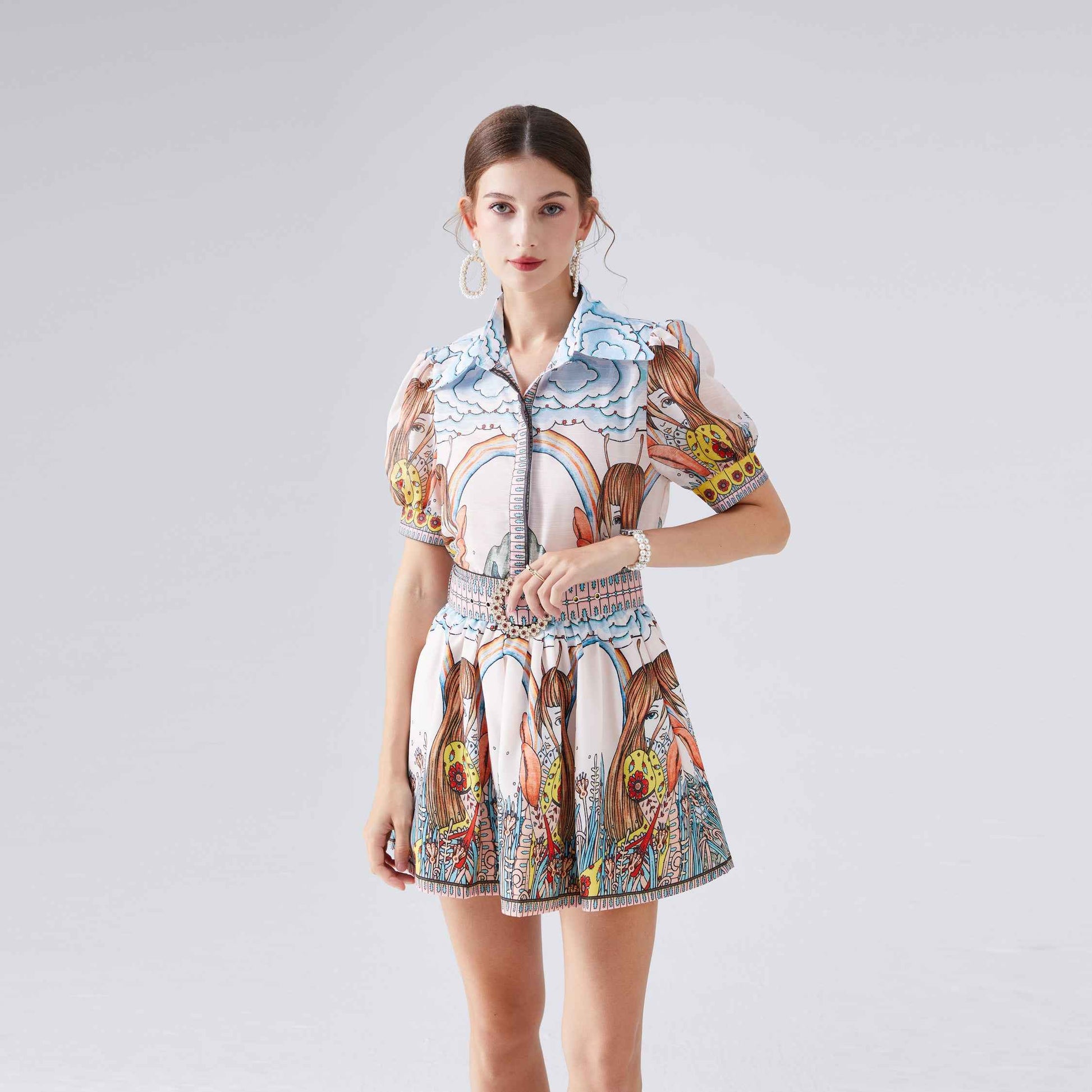 Two Piece Set Short Sleeved Positioning Printed Silk Linen Shirt Women Short Skirt Summer