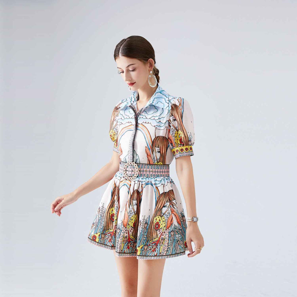 Two Piece Set Short Sleeved Positioning Printed Silk Linen Shirt Women Short Skirt Summer