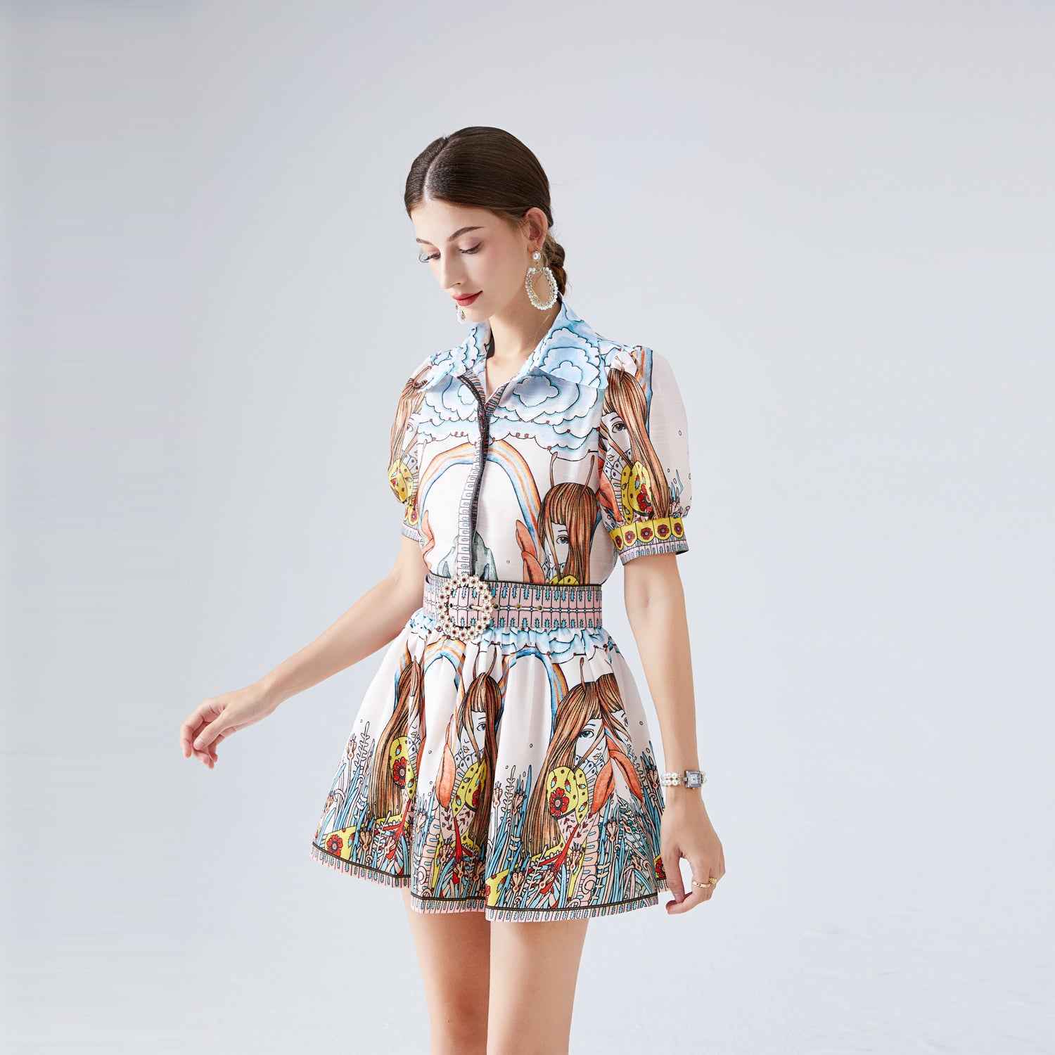 Two Piece Set Short Sleeved Positioning Printed Silk Linen Shirt Women Short Skirt Summer