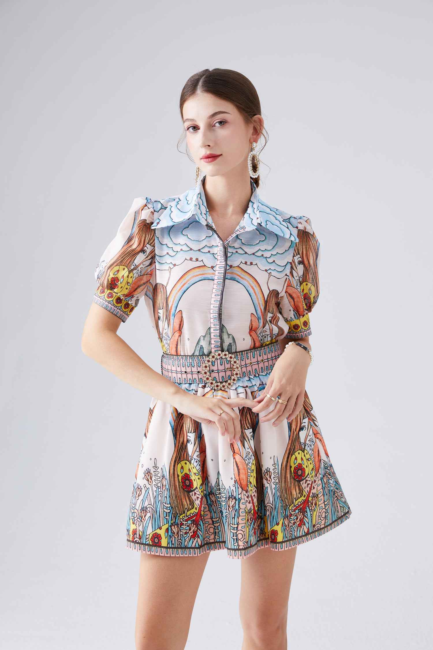 Two Piece Set Short Sleeved Positioning Printed Silk Linen Shirt Women Short Skirt Summer