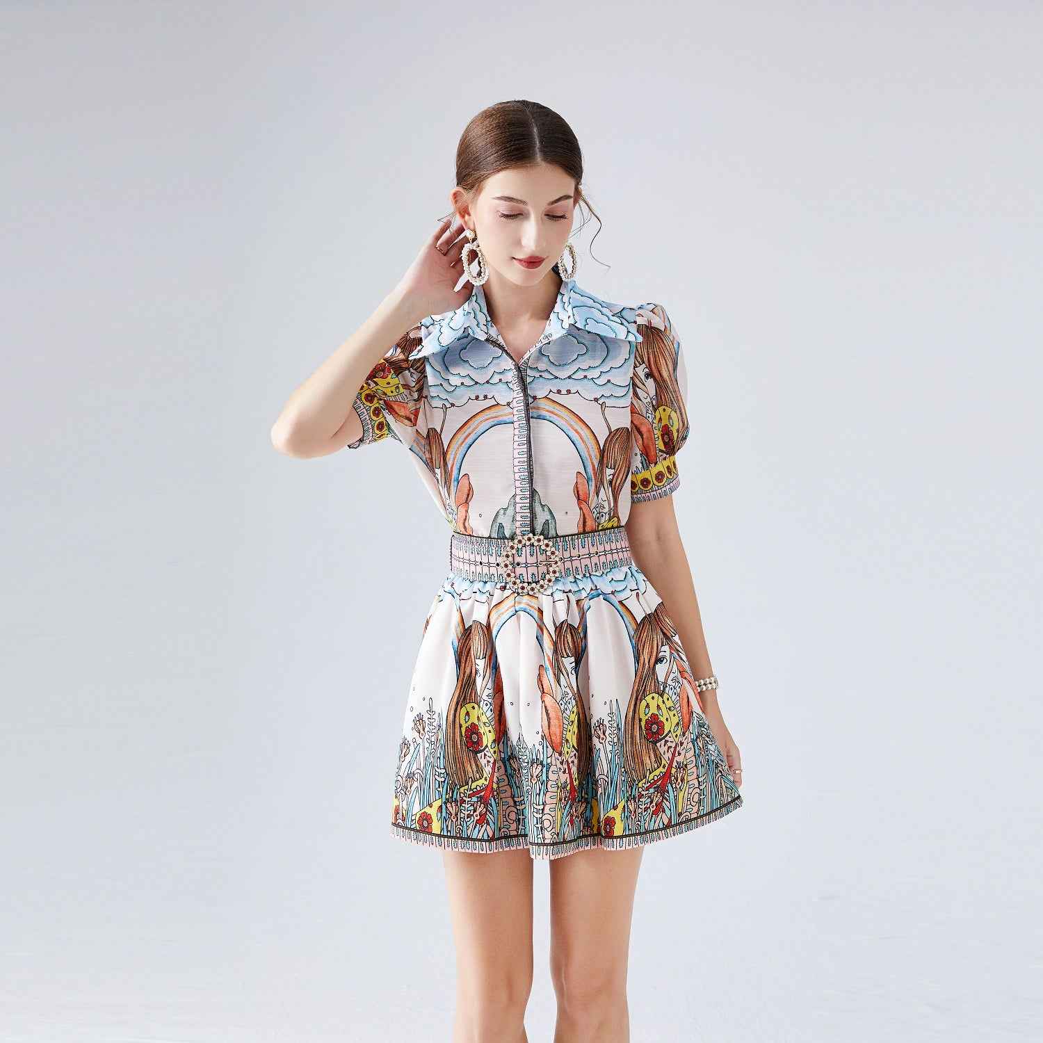 Two Piece Set Short Sleeved Positioning Printed Silk Linen Shirt Women Short Skirt Summer