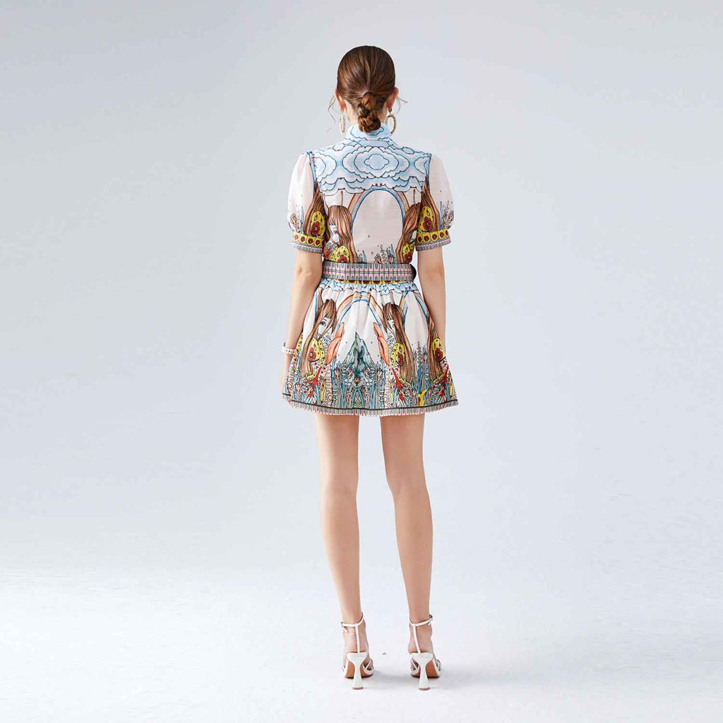 Two Piece Set Short Sleeved Positioning Printed Silk Linen Shirt Women Short Skirt Summer