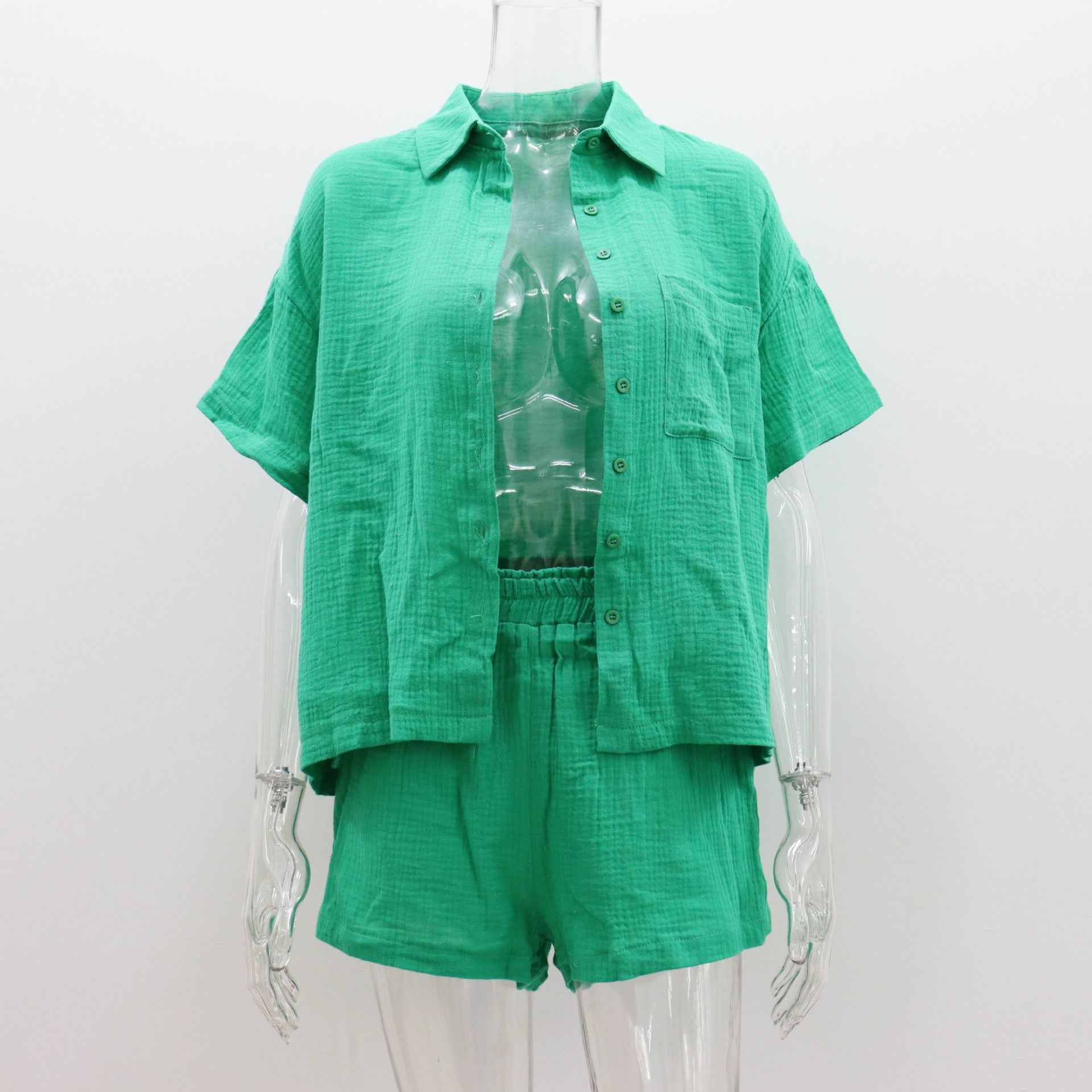 Solid Color Shirt Outfit Women Casual Loose Short Sleeves Single Breasted Women Clothing Spring Summer Shorts Two Piece Set