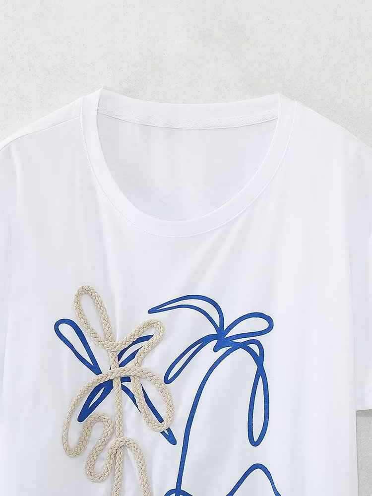 Women Clothing Casual Suit Printing Color Contrast T shirt