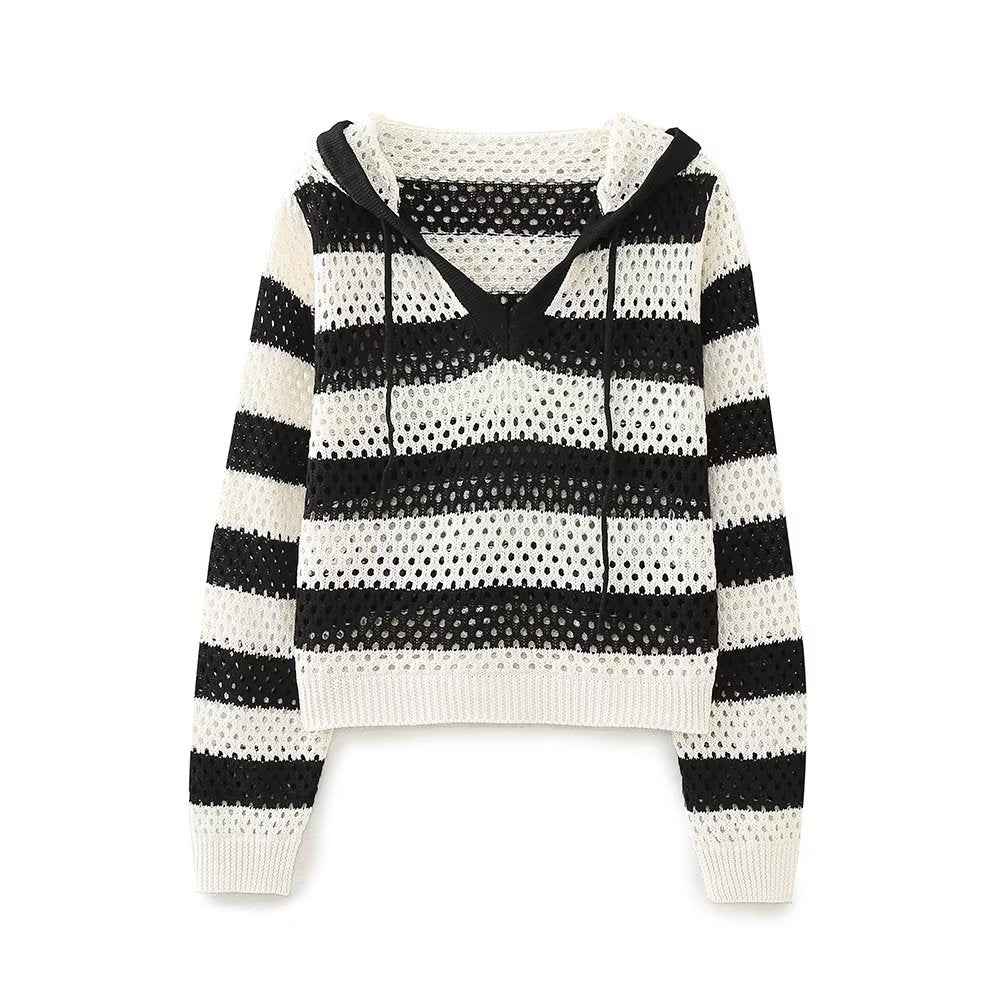 Early Autumn Retro Pullover V neck Loose Short Striped Hooded Sweatshirt Top