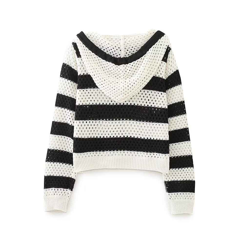 Early Autumn Retro Pullover V neck Loose Short Striped Hooded Sweatshirt Top