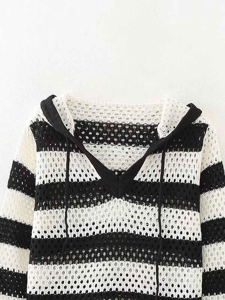 Early Autumn Retro Pullover V neck Loose Short Striped Hooded Sweatshirt Top