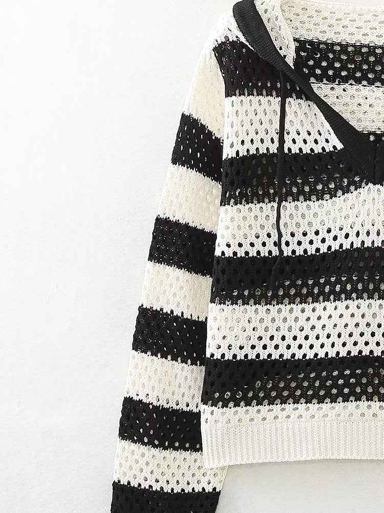 Early Autumn Retro Pullover V neck Loose Short Striped Hooded Sweatshirt Top
