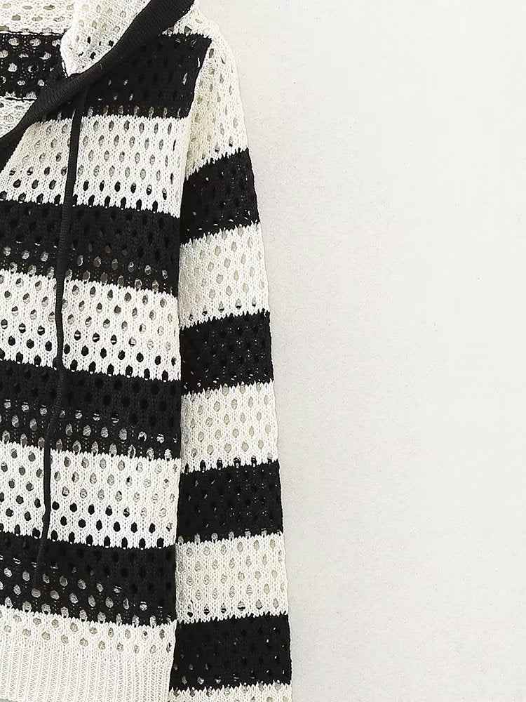 Early Autumn Retro Pullover V neck Loose Short Striped Hooded Sweatshirt Top