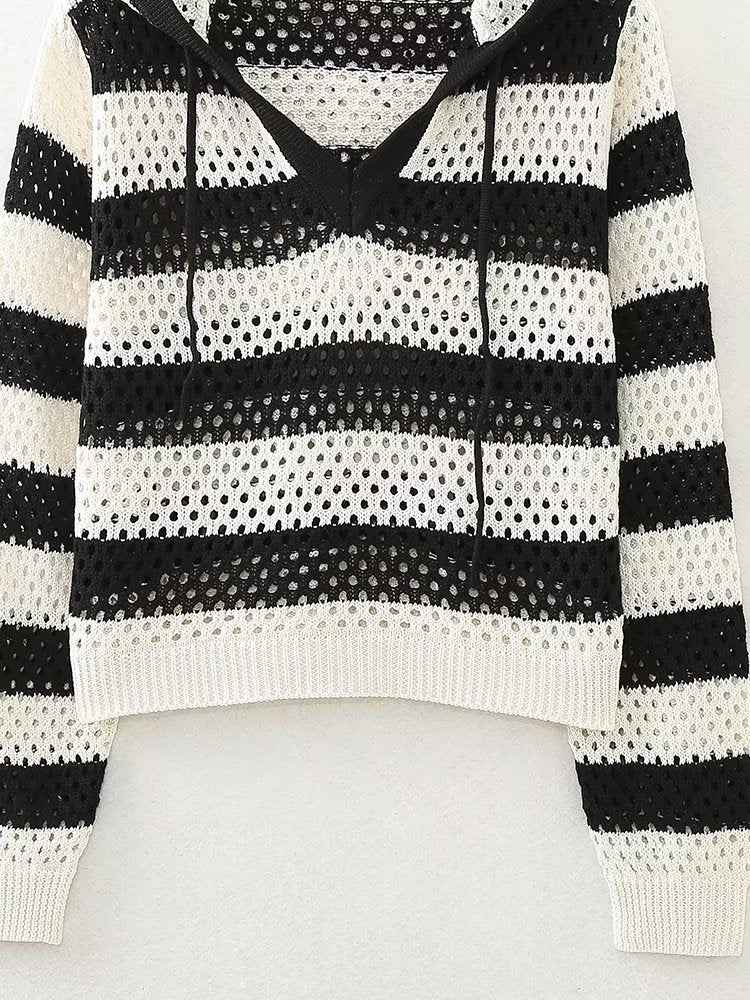 Early Autumn Retro Pullover V neck Loose Short Striped Hooded Sweatshirt Top