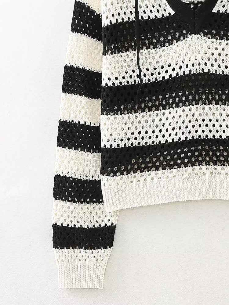 Early Autumn Retro Pullover V neck Loose Short Striped Hooded Sweatshirt Top