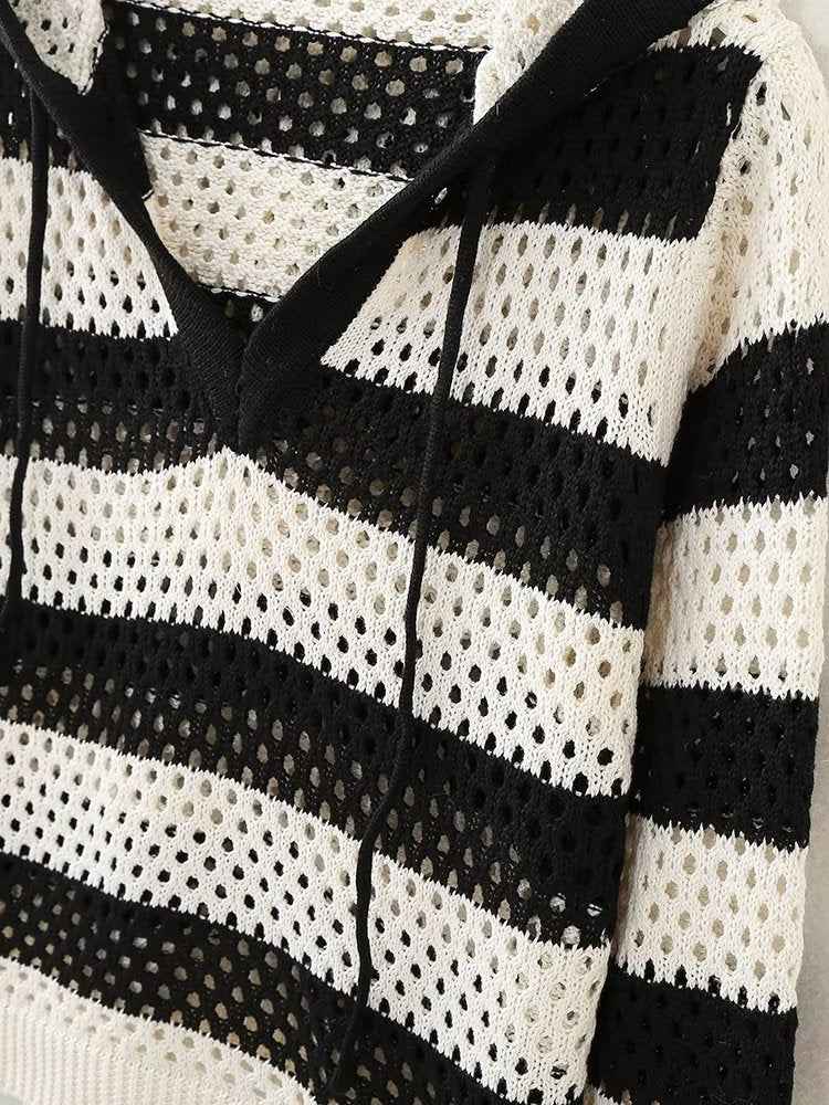 Early Autumn Retro Pullover V neck Loose Short Striped Hooded Sweatshirt Top