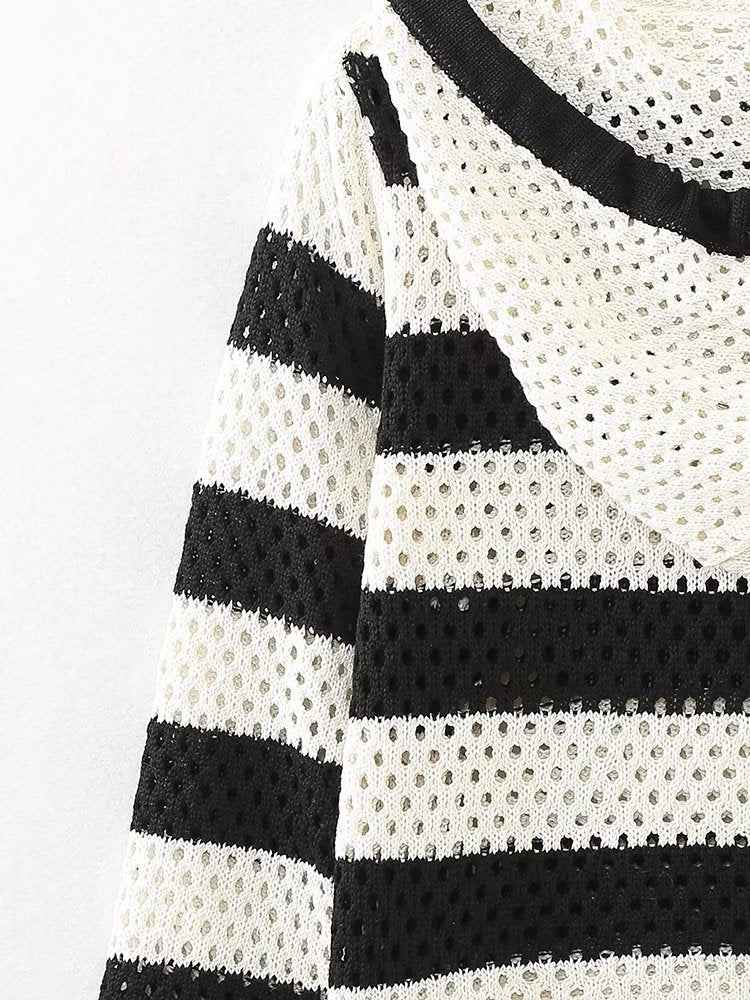 Early Autumn Retro Pullover V neck Loose Short Striped Hooded Sweatshirt Top