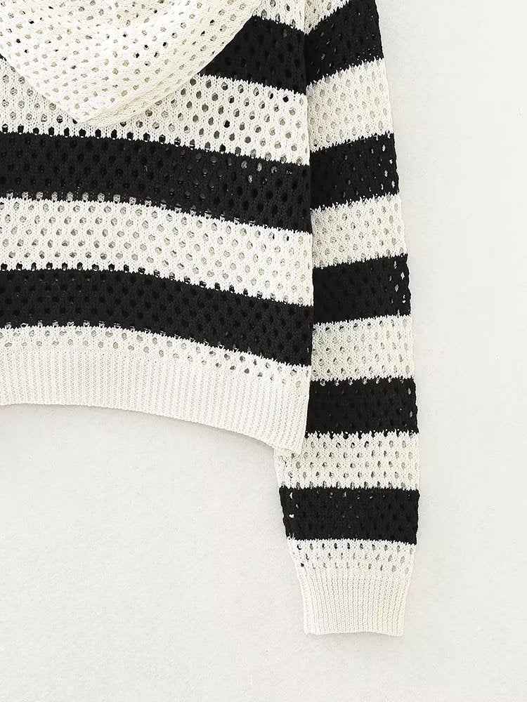 Early Autumn Retro Pullover V neck Loose Short Striped Hooded Sweatshirt Top
