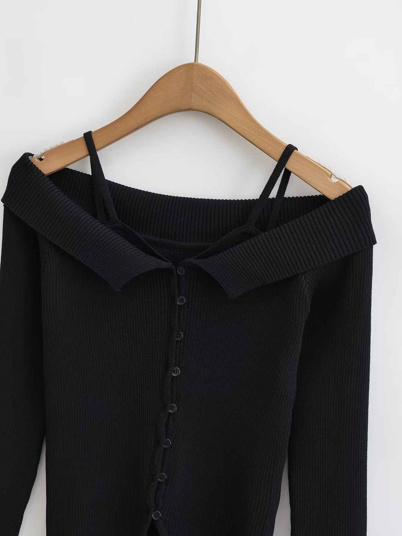 Autumn Sexy Faux Two Piece Long Sleeve Knitted T shirt Women