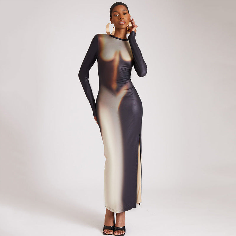 Women Clothing Autumn round Neck Long Sleeved Dress Sexy Tight Split Maxi Dress - ALZO