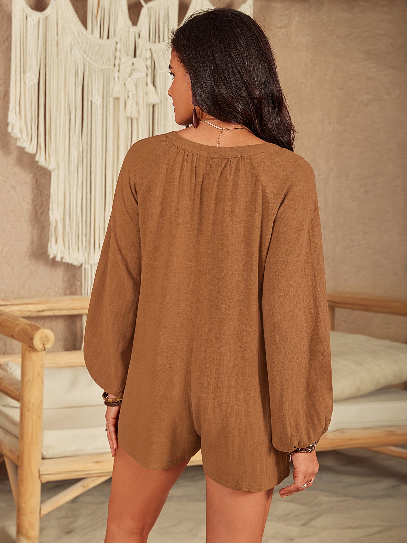 Women Clothing Autumn Retro Long Sleeve Shorts Jumpsuit - ALZO
